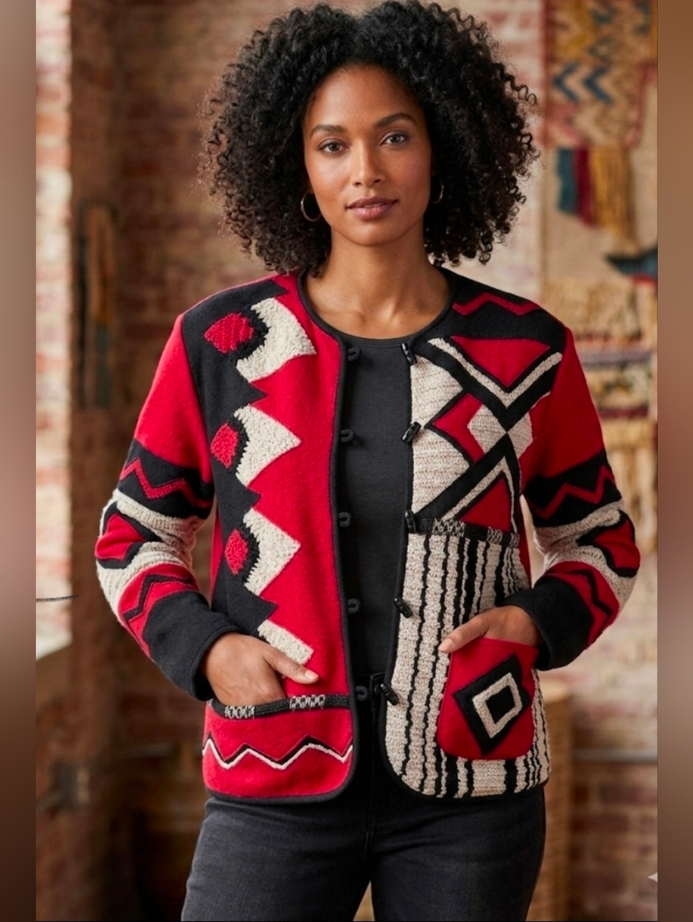 Coldwater Creek Wool Blazer Jacket Geometric Red Black Beige Southwestern Boho